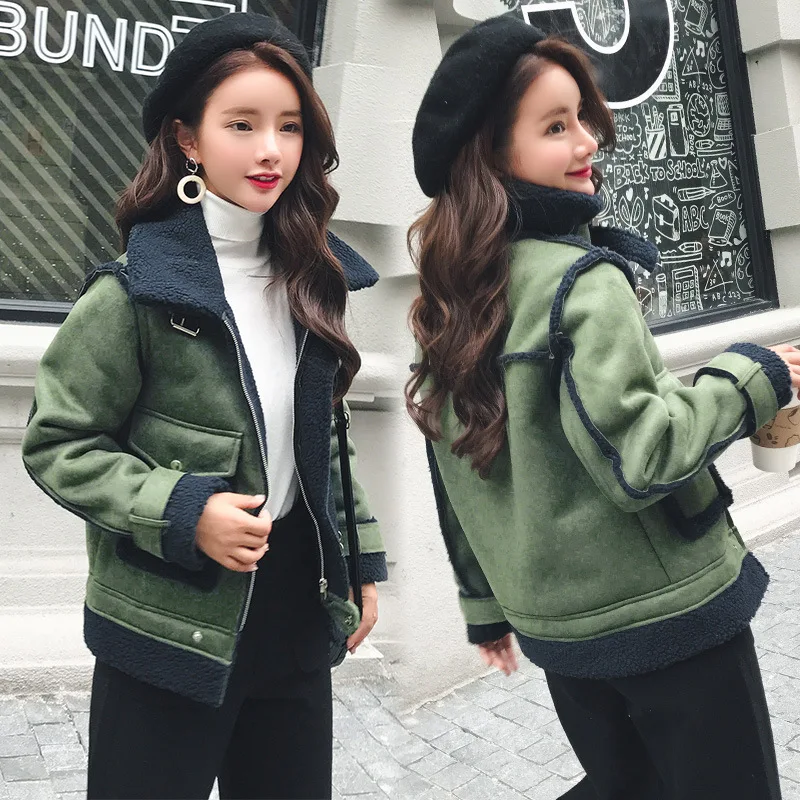 

Korean-style Fashion Doubled Fur Collar plus Velvet Thick Faux Deerskin Velvet Jacket Women's Short Army Green Faux Fur Tops Aut