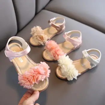

Girls Sandals Summer Fashion Solid Color Leather Shoes Flower Flat Beach Sandals Kids Shoes for Princess Anti-slip Sneakers