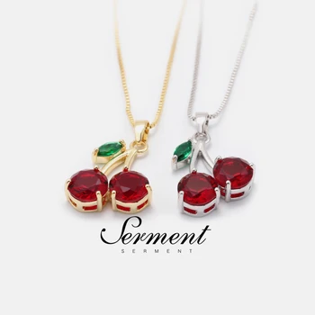 

SERMENT Unique Crystal Red Pink Cherry Design Pendant Necklace Gold Silver Color Female Jewelry Necklace Ladies Accessories