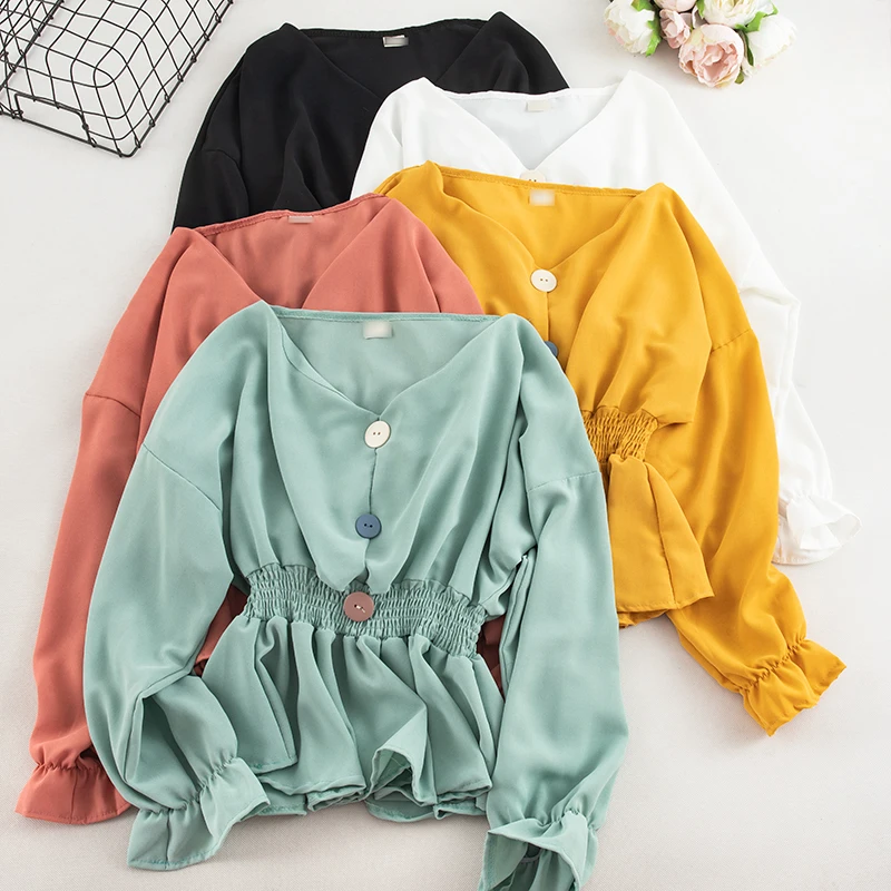 

Elegant Women Autumn V-neck Flare Sleeve Pleated Basic Ruffles Shirt Vintage Elastic Slim High Waist Cardigan Button Blouse Tops