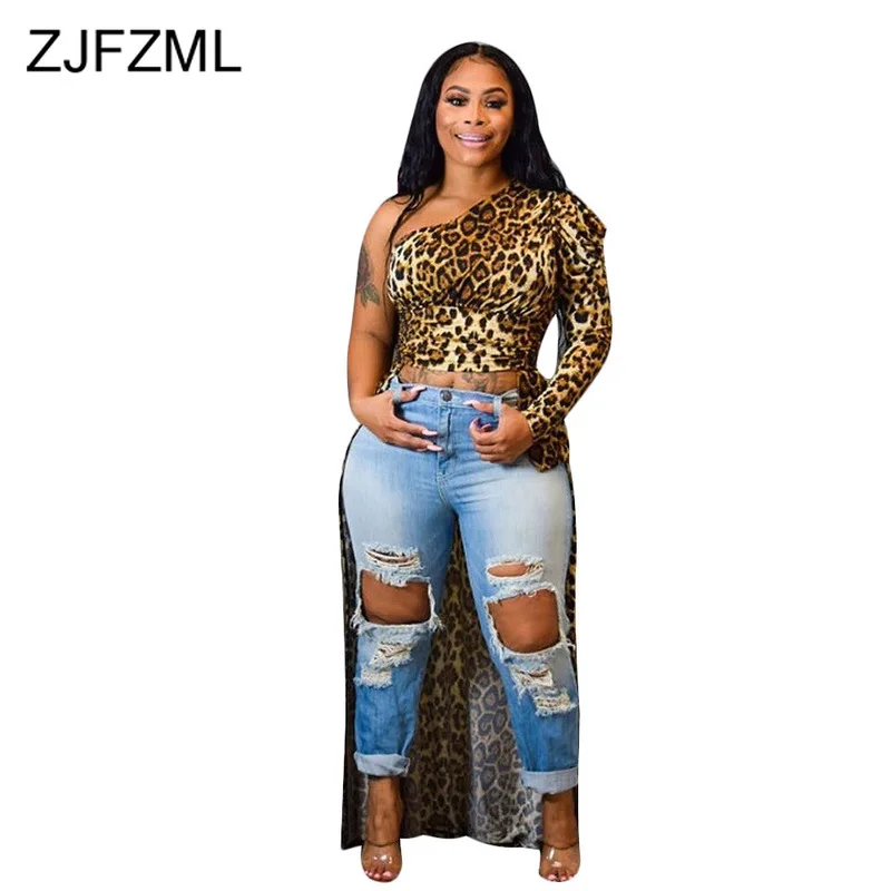 

Plaid Leopard Print Sexy Irregular Tops Women One Shoulder Long Sleeve Party T Shirt Streetwear Female Front Short Back Long Tee