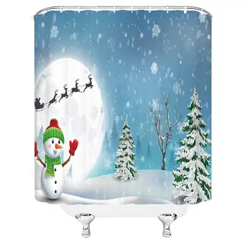 

Christmas Snowamn Shower Curtain Jolly Snowman Under Full Moon Waving to Santa Claus with Reindeer Sleigh Kids, Fabric Bathroom
