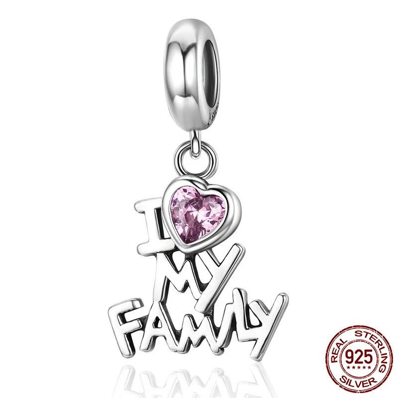 

Genuine 925 Sterling Silver Beads I Love My Family Heart Dangle Charms fit Original Pandora Bracelets Women DIY Jewelry