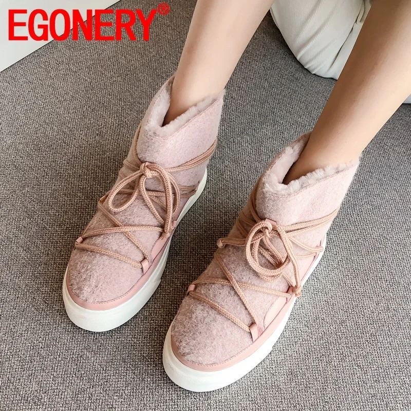 EGONERY Cute Wool Snow Boots 2020 Winter Fashion Women's Flats Shoes Pink Apricot Black 34-42 Plus Size Ankle Boots Dropshipping