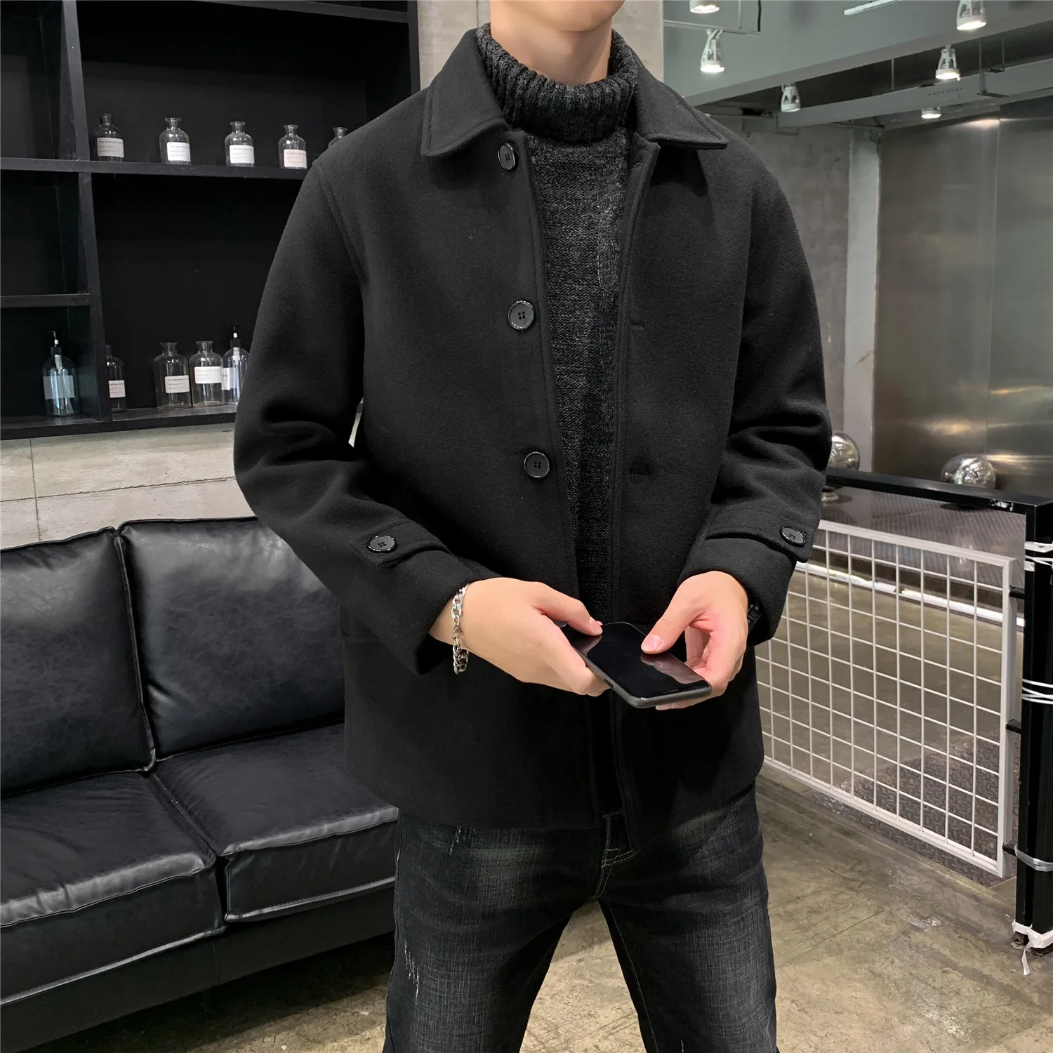 Fashion Business Medium Solid Thicken Slim Windbreaker Overcoat Jacket Winter Men's Casual Wool Trench Coat Male Plus Size 5XL - Цвет: black