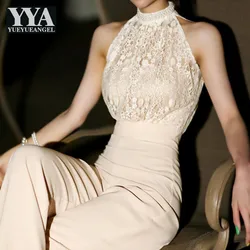 Women Pearls Beading Halter Sleeveless Jumpsuit Lace Backless Sexy Wide Leg Pants One Piece Office Ladies Slim Fit Jumpsuits