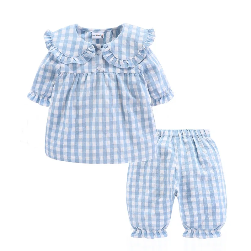 Mudkingdom Summer Pajamas for Girls Plaid PJS Cute Jammies Set Big Girl Peter Pan Collar Toddler Homewear Kids Sleepwear cotton nightgowns