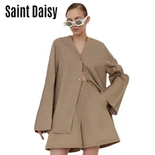 

Pant Shirt Sets Two Piece Normcore/Minimalist WOMEN COTTON Spring/Autumn Flare Sleeve Single Breasted V-Neck Button Fly 99587