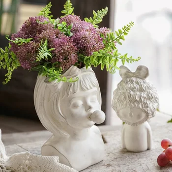 

Nordic Resin Human Head Vase Cute Bowknot Girl Bubble Gum Vase Decoration Household Livingroom Flower Arrangement Creative R4427
