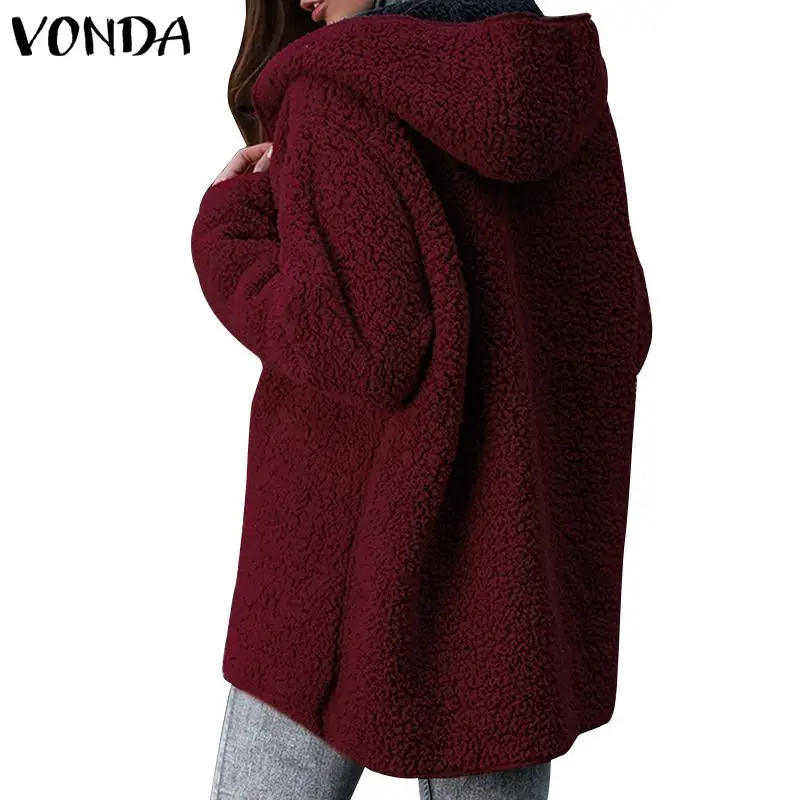 VONDA/женские осенне-зимние пальто с искусственным мехом, пальто с капюшоном, большие размеры, куртки с длинными рукавами, утепленный флисовый кардиган 5XL, пальто