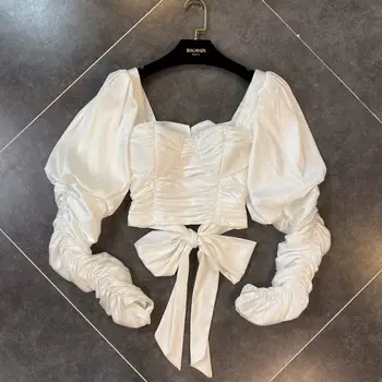 

Temperament Blouse Women 2020 Spring New Square Collar Court Bubble Sleeve Long-Sleeve Shirt Woman Sexy Backless Blouse Crop Top