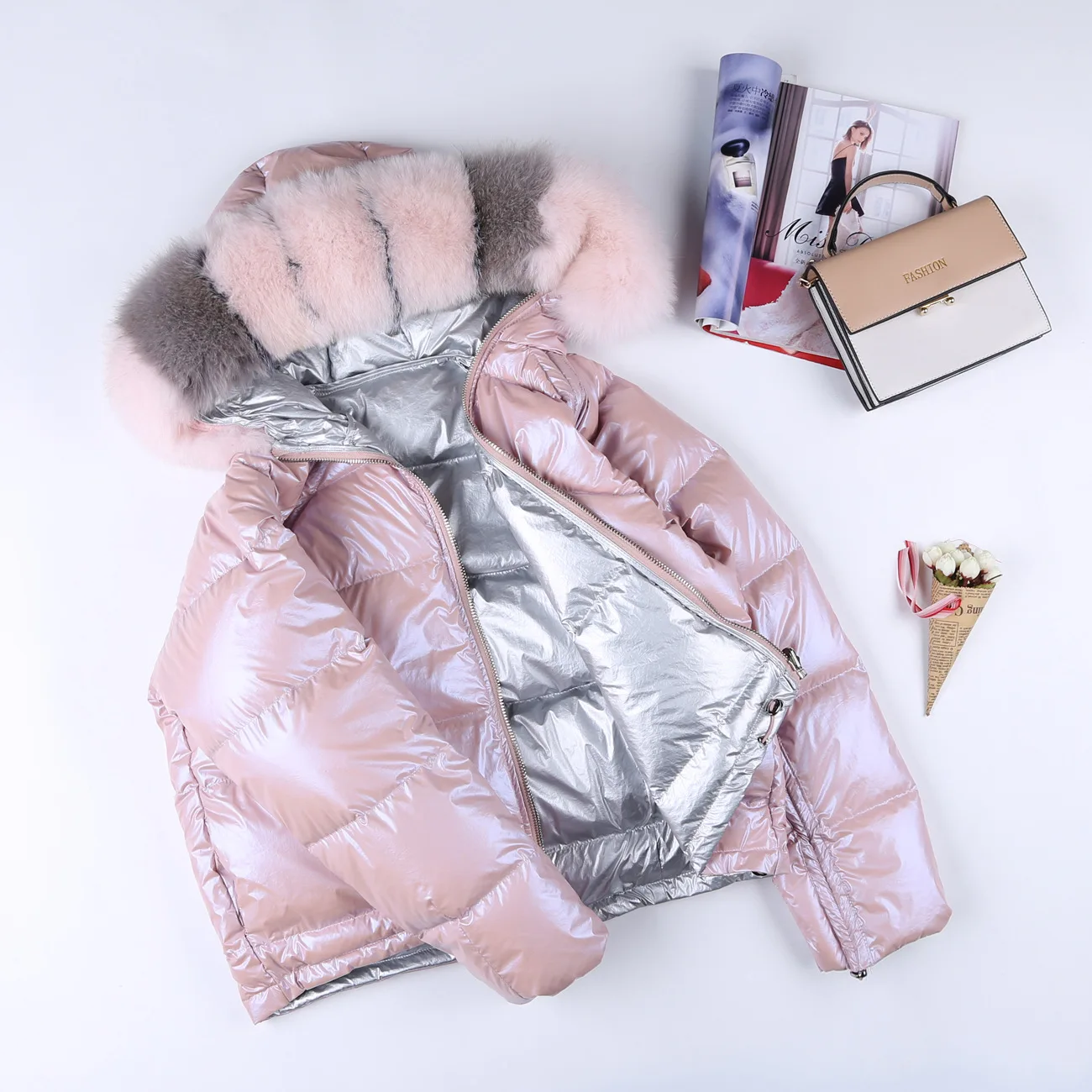 Off Season Double-Sided down Jacket Women's Short-Style European Goods Winter Style Korean-style Large Fur Collar Thick WOMEN'S