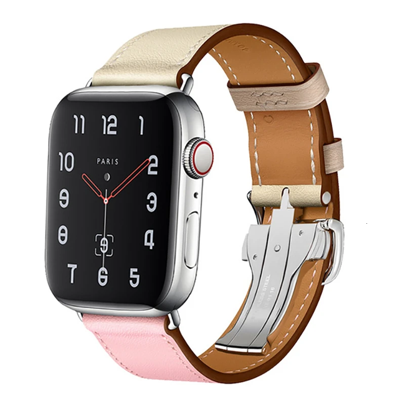 Sakura powder clay Ремень из коровьей кожи для Apple Watch band Series 5 iwatch 44 мм 4 3 2 1 Роскошная стальная пряжка 42 мм петля 38 мм Замена браслета 40 мм - Цвет ремешка: Sakura powder clay