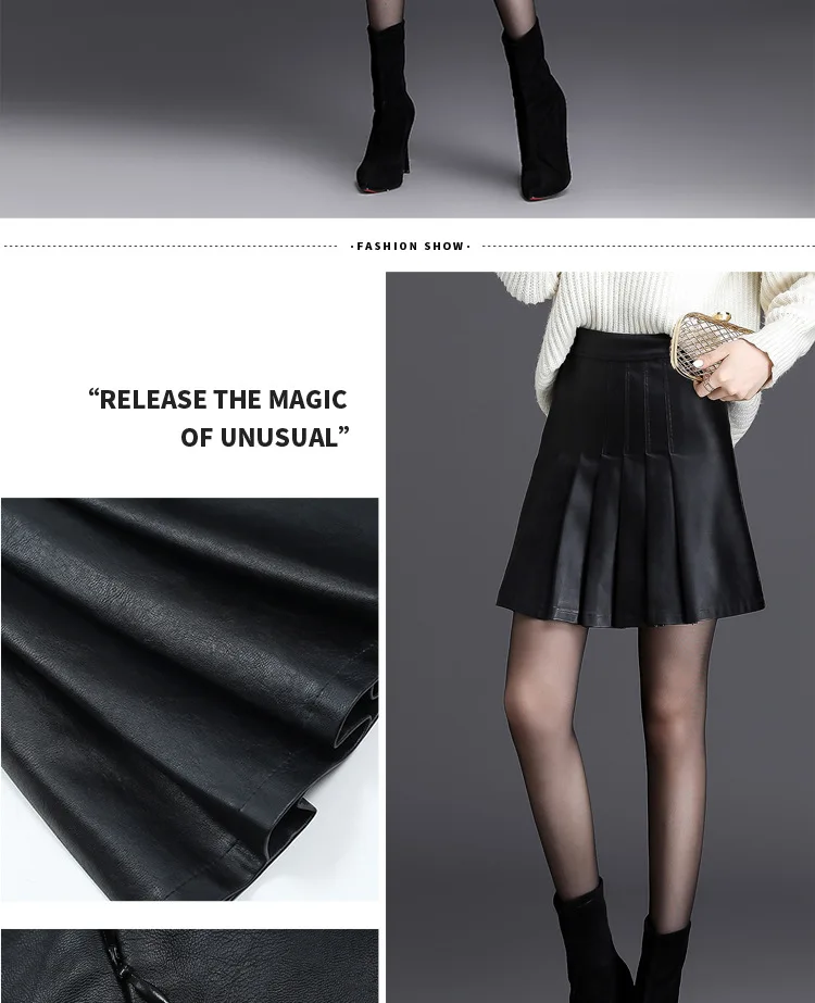 Women Korean High Waist PU Leather Pleated Skirt Office Lady Elegant Chic Plus Size Red Black Faux Leather A-line Mini Skirt 4XL