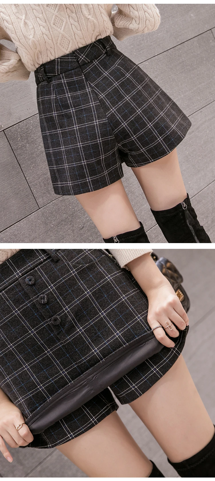 New Fashion Single Breasted High Waist Wool Shorts Skirts Womens Korean Style Plaid Woolen Shorts Woman Winter Boot Shorts