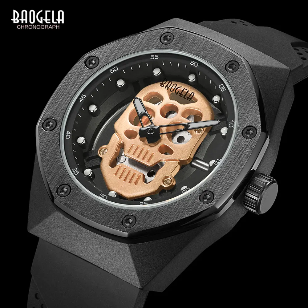 BAOGELA Men's Skull Quartz Watches Luxury Military Sports Wristwatch Male Silicone Skeleton Watch Male Relogios Masculino 1902