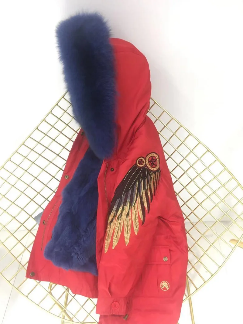 Детский зимний комбинезон, детская зимняя куртка и пальто для мальчиков и девочек, парки из натурального меха кролика рекс с натуральным лисьим мехом, верхняя одежда с капюшоном - Цвет: red lake blue fur
