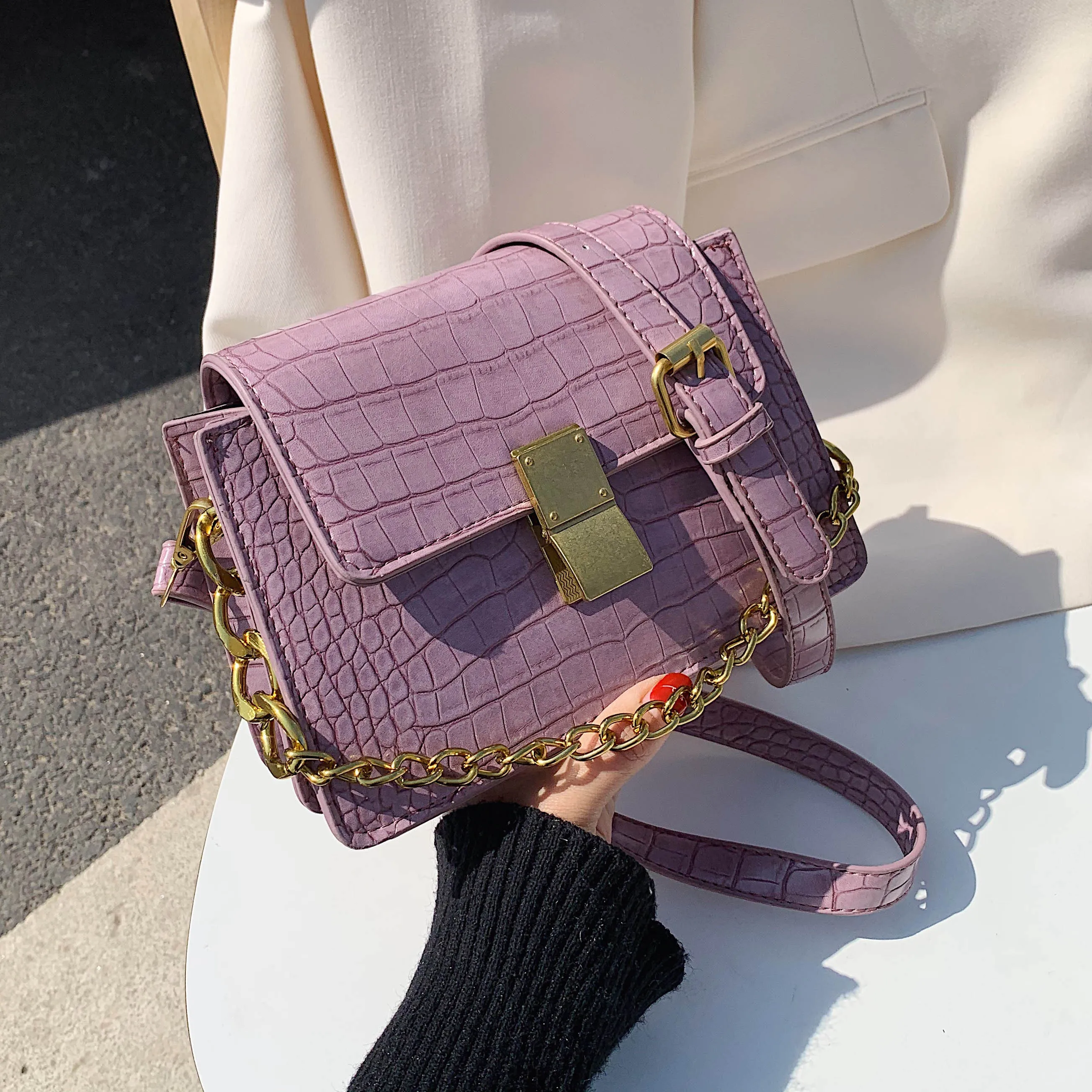 

Crocodile Pattern Purple Pu Leather Crossbody Bags for Women 2020 Summer Chain Small Shoulder Handbags Female Quality Totes