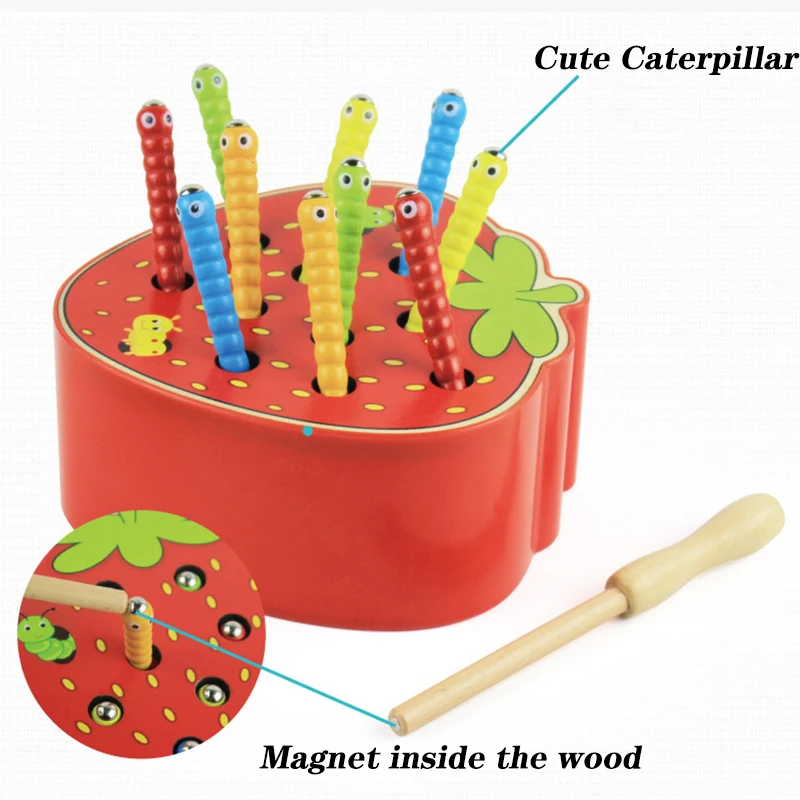 3D Montessori Wooden Toys Caterpillar Eats The Apple Kids Catch Worms Matching Puzzle Games Early Education Interactive Math Toy