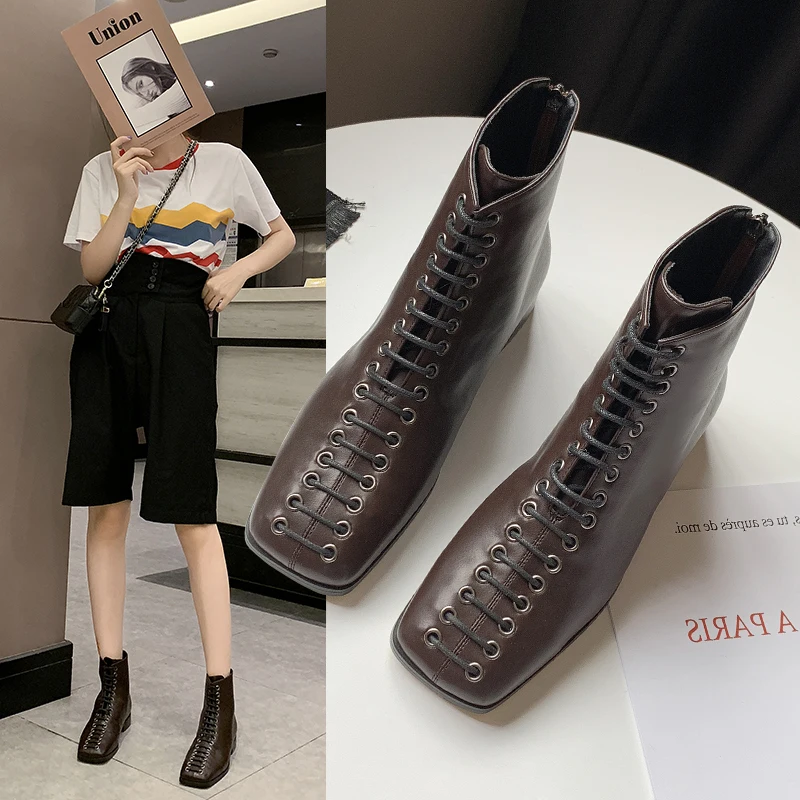 

Shoes Chelsea Bootee Woman 2019 Lace Up Martins For Women Women's Mid-Calf Boots Booties Ladies Round Toe Luxury Designer Low