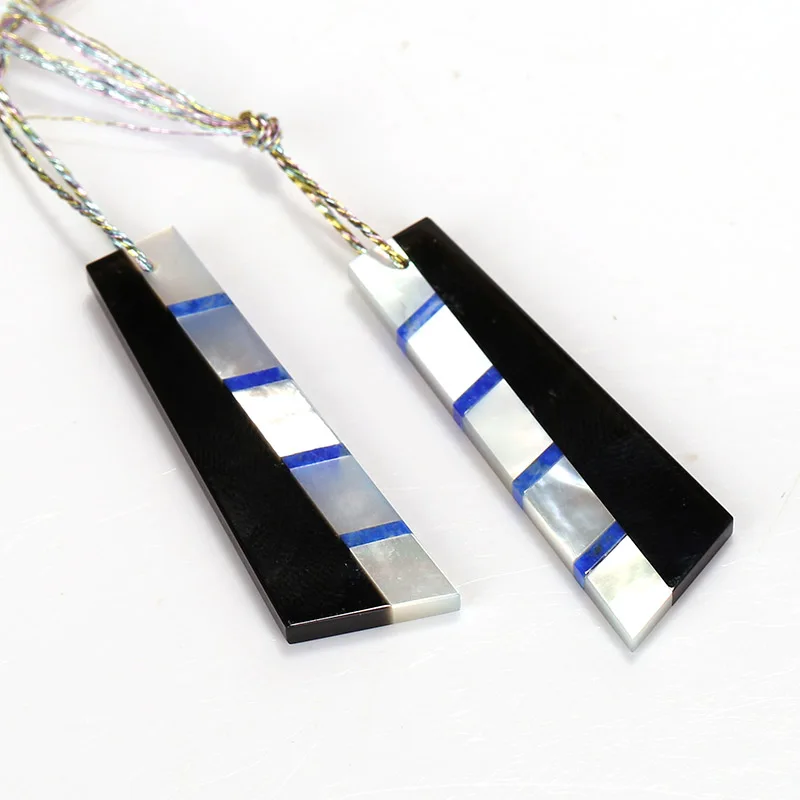 New design! M.O.P, Obsidian And Lapis Lazuli Intarsia Gemstone Earrings Bead, 37x11x2mm, 4g