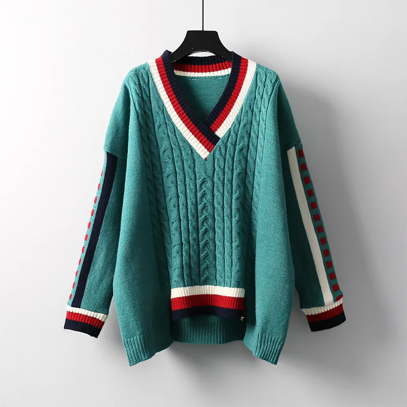 

2020 Autumn and Winter Fashion Women's Long-sleeved V-neck Wild Color Contrast Twist Pullover Knitted Sweater