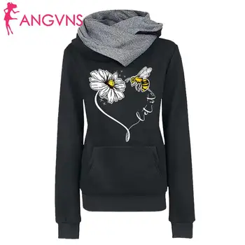 

New Fashion Women Casual Turn-down Collar Hips Length Floral Pullover Long Sleeve Prints Pocket Hoodie