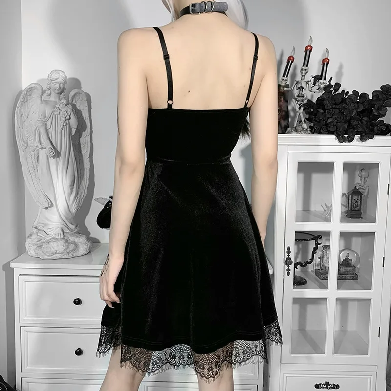 Black Gothic Lady Sexy Mini Dress Summer Backless High Waist Women Lace Deep V Neck Dresses Sleeveless Crescent Bow Cloth
