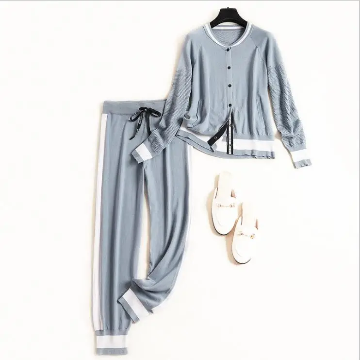 

Autumn 2019 new European and American women's wear Long sleeve single breasted hollow sweater Nine minutes of pants knitted suit