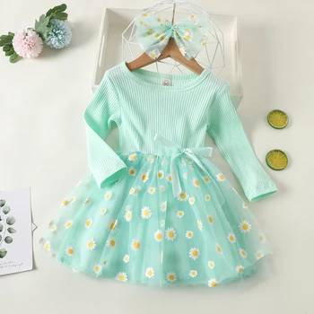 

Toddler Spring Autumn Clothing Sweet O-Neck Long-Sleeves Dress with Daisy Printing Hemline Bow Hairband Infant Kids Girl 1-6 Y