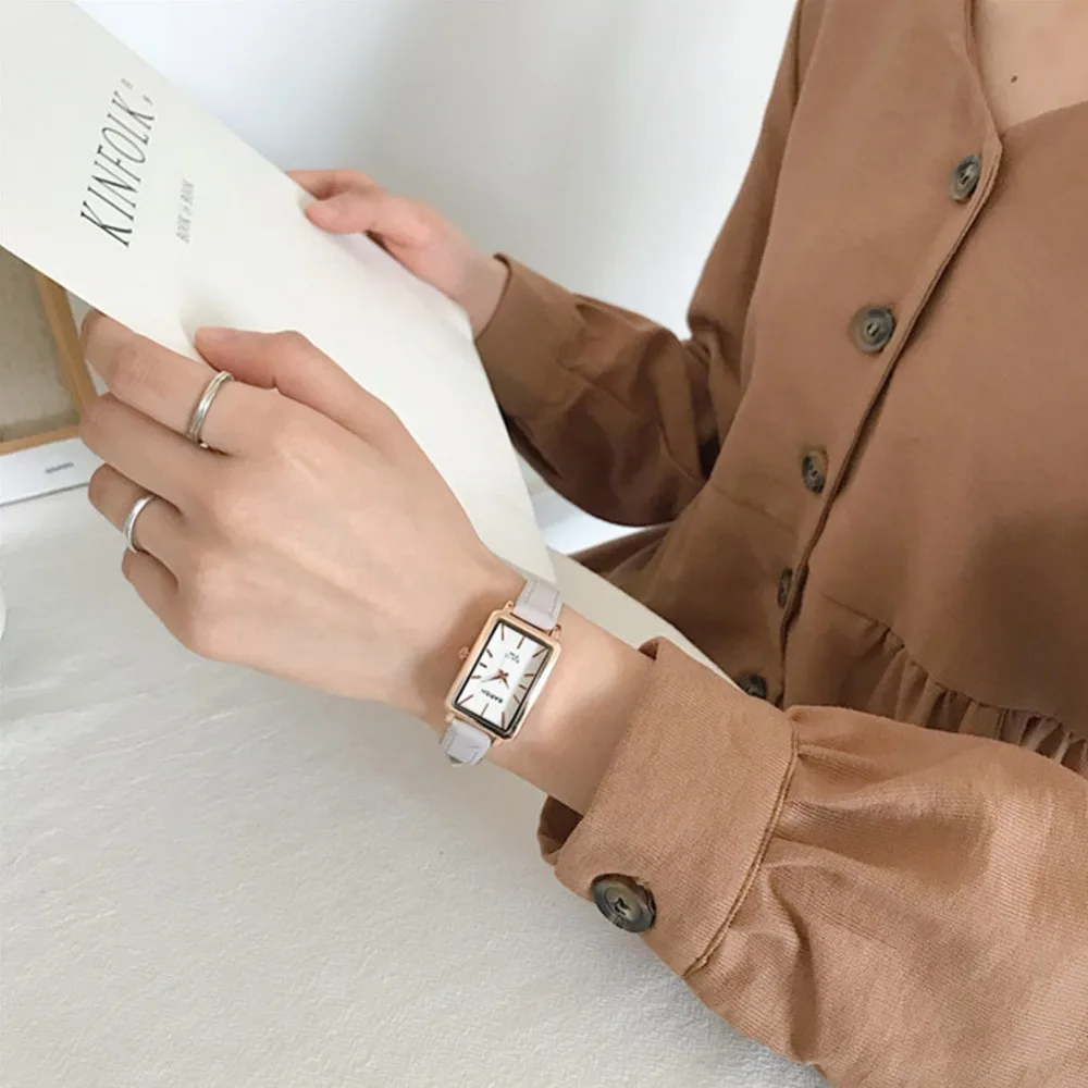 Fashion Retro Simple Chic Quartz Leather Strap Rectangle