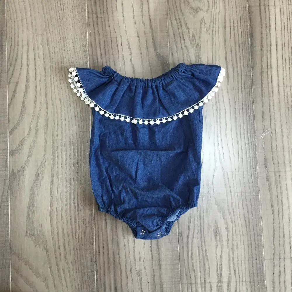 summer jump suit denims pom pom baby girls diaper snaps boutique