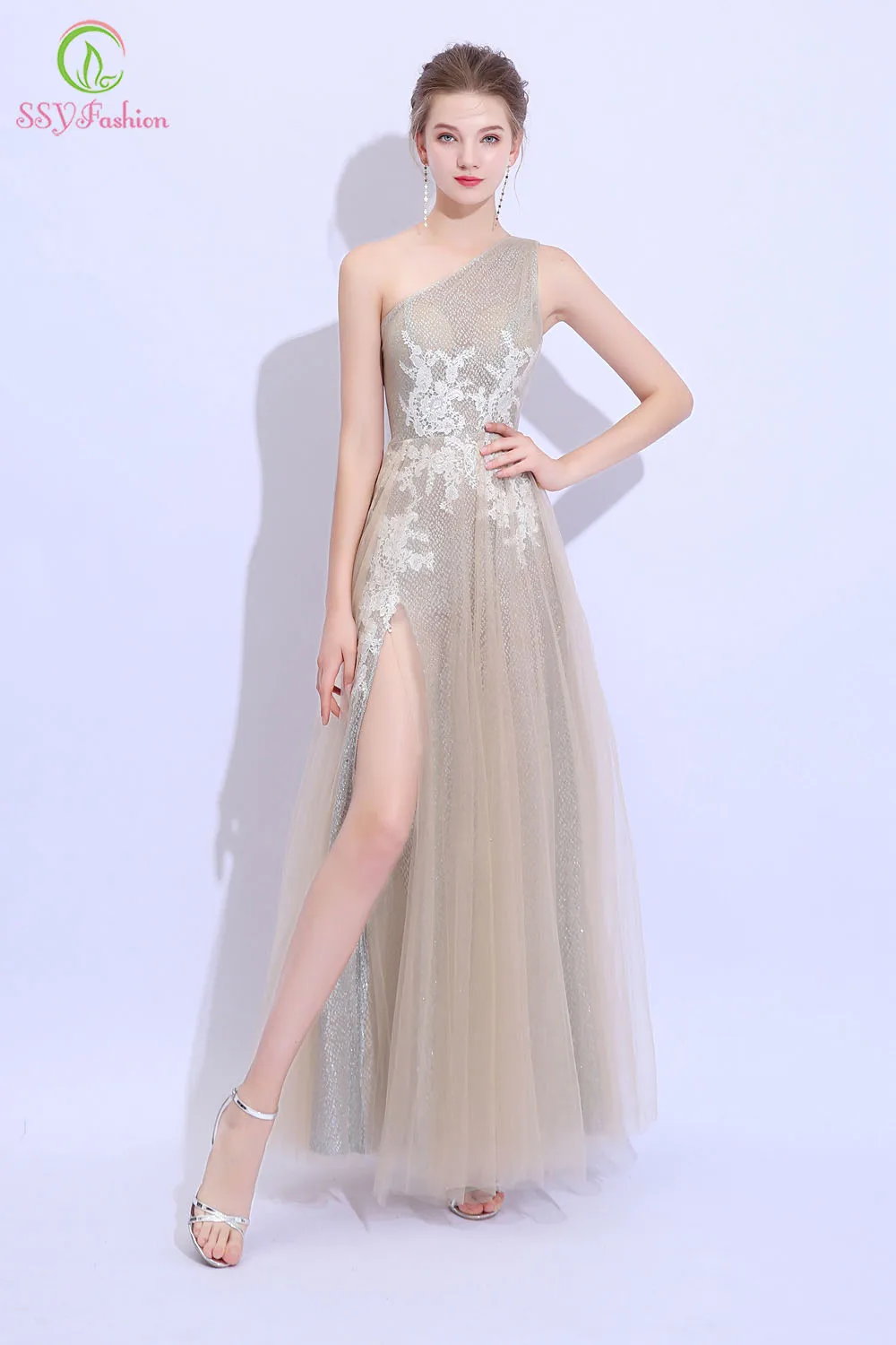 SSYFashion новое вечернее платье на одно плечо сексуальное кружевное платье без рукавов с аппликацией бисером Lllusion пляжное платье торжественное платье Robe De Soiree