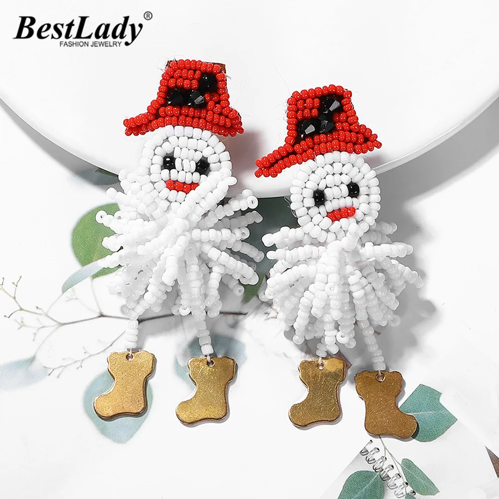 

Best lady Bead White Snowman Drop Earrings Cute Christmas Gifts Party Jewelry Bohemian Women Wedding Handmade Statement Earring