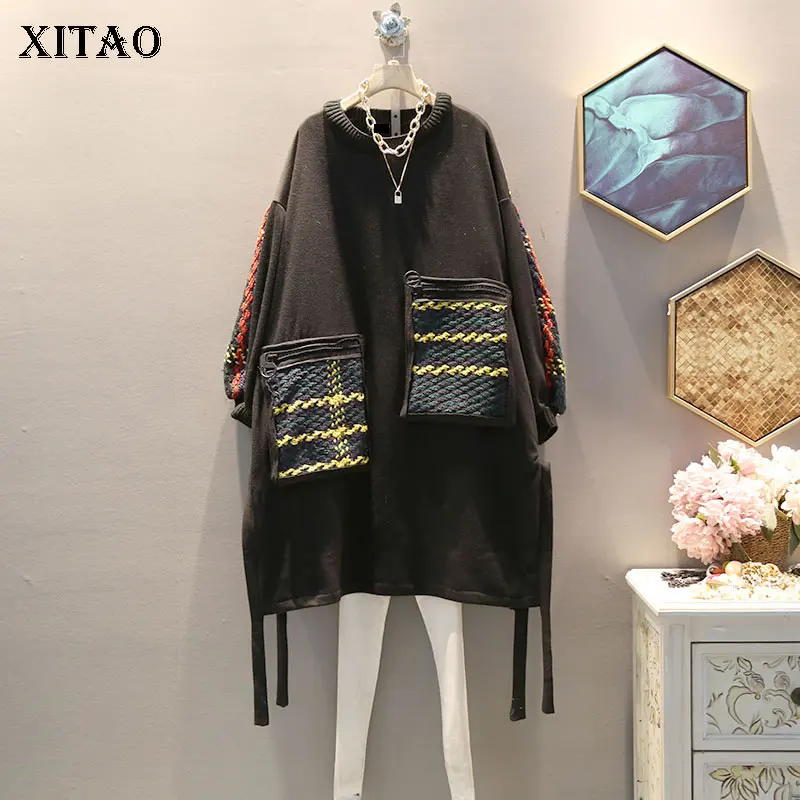 XITAO/женское платье на шнурке; Модное Новое Осеннее Элегантное маленькое вязаное платье с круглым вырезом и длинными рукавами в стиле пэчворк; модель года; GCC2374
