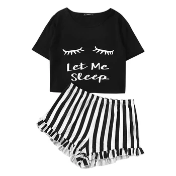 

Summer Women Homewear Soft Pajamas Set O-Neck Tops Stripe Elastic Waist Shorts Sleepwear Set 2pcs Cotton Letters Print