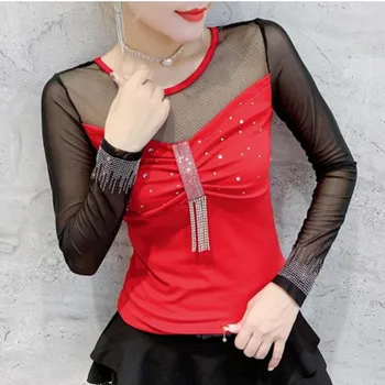 

T-shirt female Rhinestone Sexy Net yarn spring autumn Punk Rock tops XXL women's diamond tshirts woman tees Poleras Mujer 2020