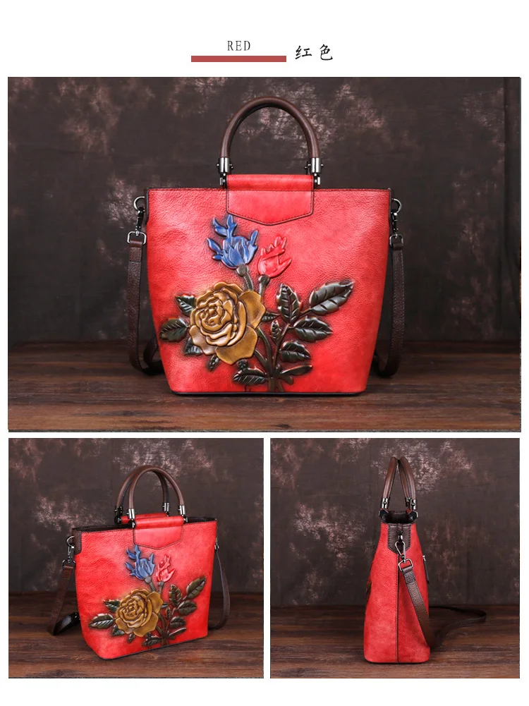 Embossing Female Handbag Shoulder Crossbody Bag Multi-Capacity Vintage Floral Pattern Women Tote Messenger Genuine Leather Bags