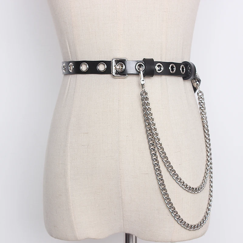 

Women's Runway Fashion Genuine Leather Metal Chain Cummerbunds Female Dress Corsets Waistband Belts Decoration Wide Belt TB1797