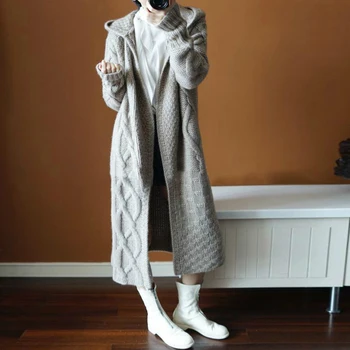 

2020 Autumn Winter Woolen Long Sweater Coat Women Hooded Knitted Cardigan Korean Fashion Casual Oversize Thick Outwear Korean