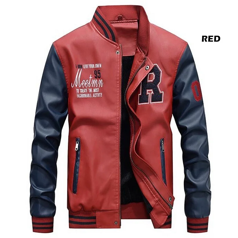 Мужская бейсбольная куртка из искусственной кожи, приталенная флисовая куртка пилота для колледжа, мужская верхняя куртка со стоячим верхом, пальто Jaqueta Masculino Kurtka - Цвет: red