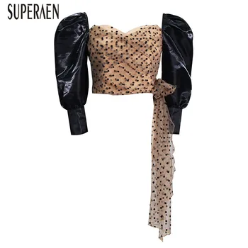

SuperAen 2020 Summer New Women Shirts Wild Fashion Sexy Ladies Blouses and Tops Puff Sleeve Splicing Mesh Women Clothing