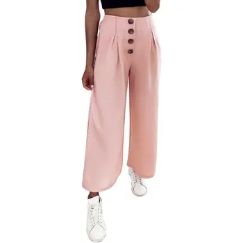 

Ladies Women Palazzo 2019 High Waist Flared Wide Leg Pants Loose Solid Buttons Long Trousers 4 Colors