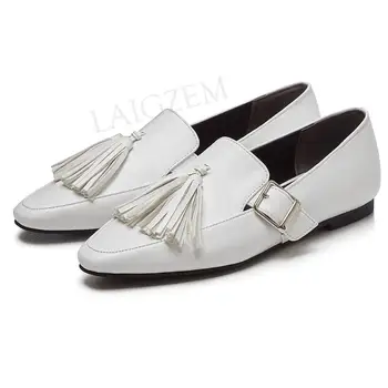 

LAIGZEM Women Shoes Genuine LEATHER Tassel Flat Shoes Spring Summer Chaussure Casual Shoes Woman Sapato Feminino Size 34 39 40