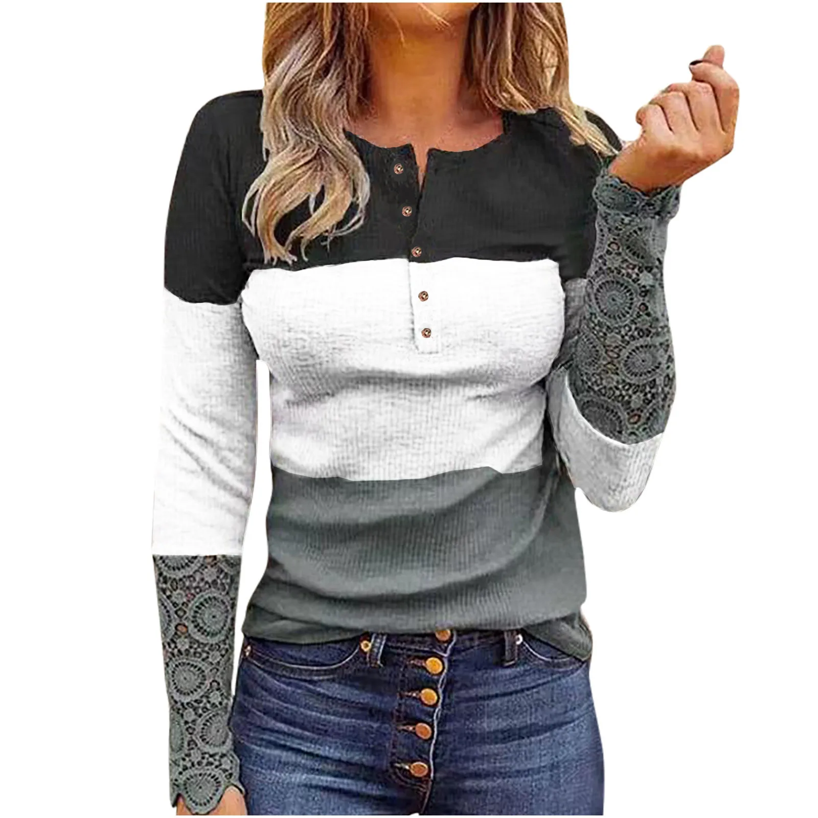 Women Casual Slim T-Shirts Autumn Patchwork Color Lace Long Sleeve Knit Tunic Top V-neck Button Slim Top Casual Tee Streetwear 2