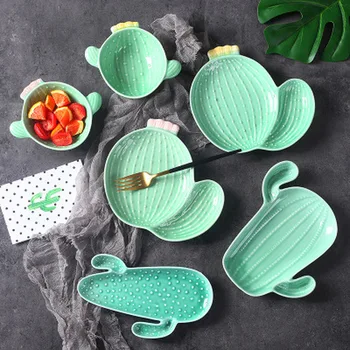 

Ceramic Tableware Set Nordic Style Green Irregular Cactus Shape Bone China Plate Bowl Household Dinnerware Kitchen Supplies