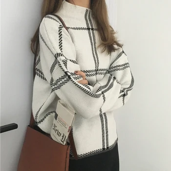 

2020 Spring Women's Pullovers Sweater Fashion Plaid Turtleneck Loose Knit Long Sleeve Korean Female Sweaters Casual Tops Clothes