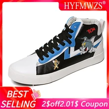 HYFMWZS Autumn And Winter Thick High Canvas Shoes Fashion Casual Flats Cartoon Pattern Cat And Mouse Zapatillas Hombre Deportiva