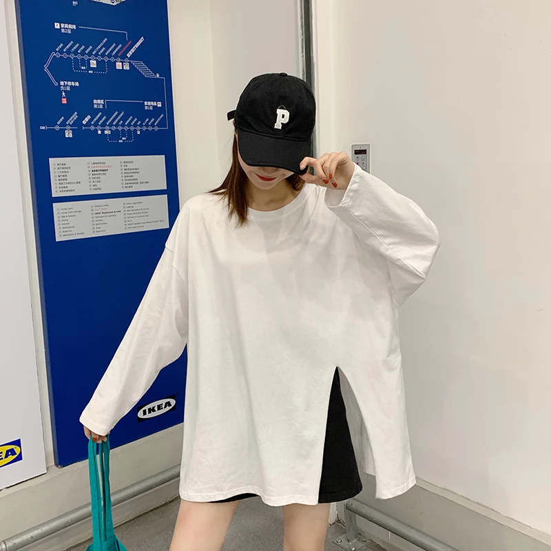 

Solid Split sexy funny spring summer women T shirt long sleeve korean harajuku clothes 2020 vogue tunic white cotton streetwear