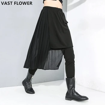

Irregular pleated harem pants women fashion new elastic waist fake two piece pocket black casual elegant pants spring 2020